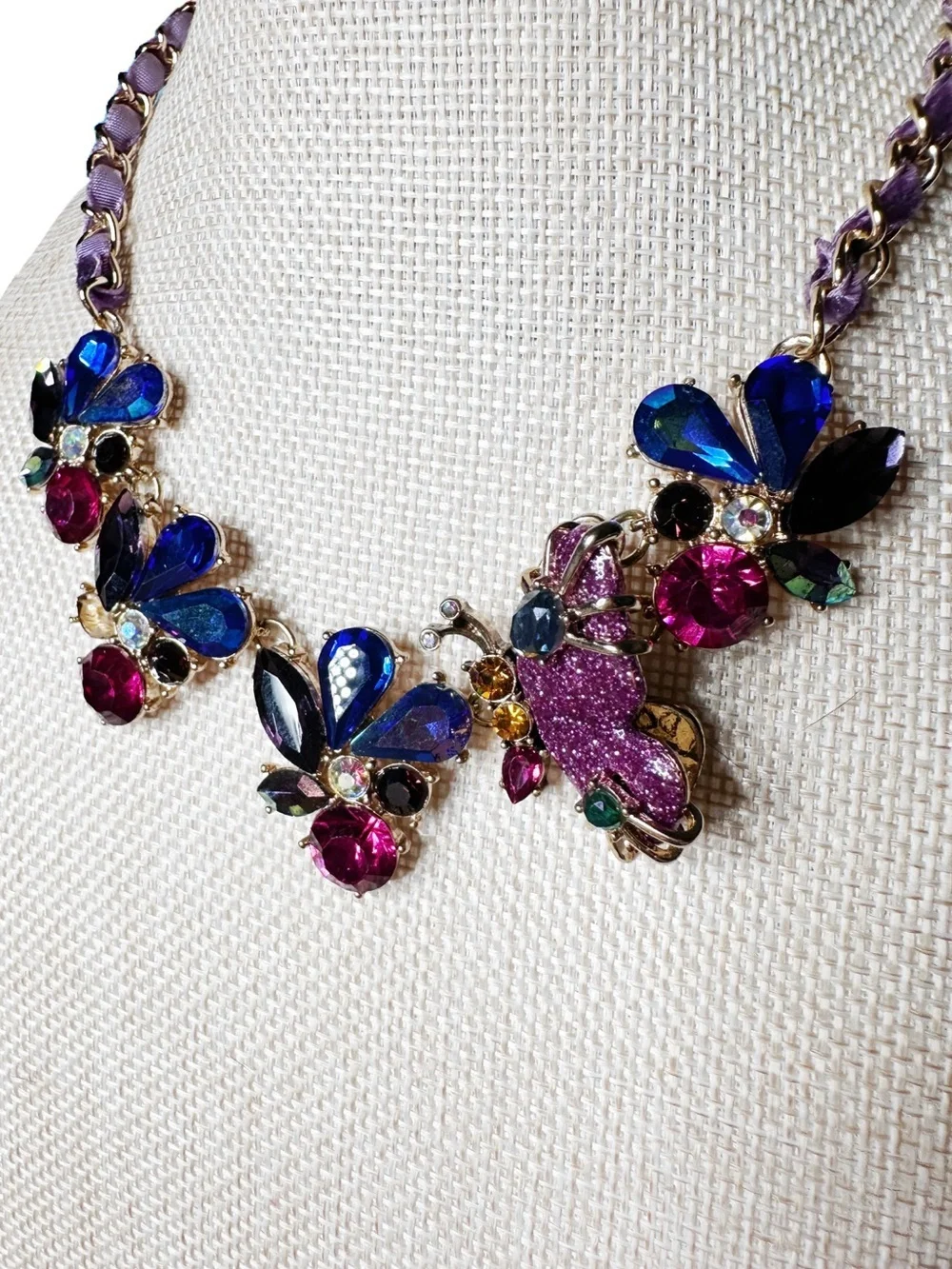 Betsey Johnson Pink, Blue & Purple Crystal Floral Statement Necklace